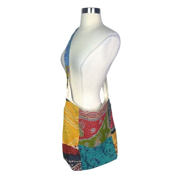 Kantha Patchwork Crossbody Hobo Shoulder Bag - 14” x 10” x 5” - Picture 2 of 6